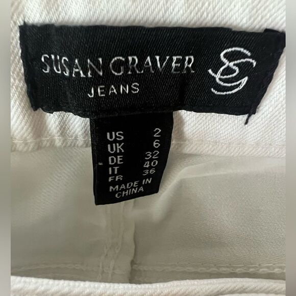 Susan Graver white denim wide leg ankle cropped frayed hem jeans size 2 travel - Picture 4 of 10